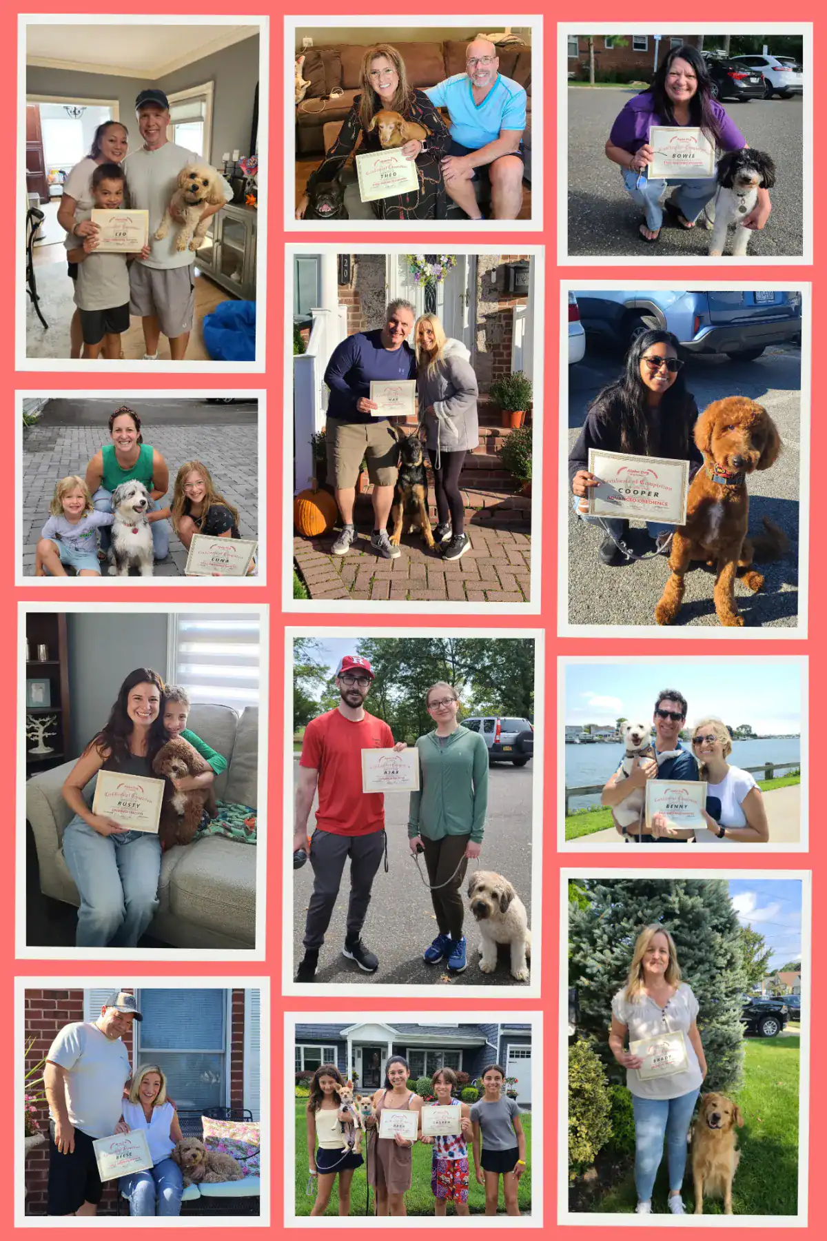 Long Island families holding their AKC Canine Good Citizen certificates from Alpha Dog K9 Training